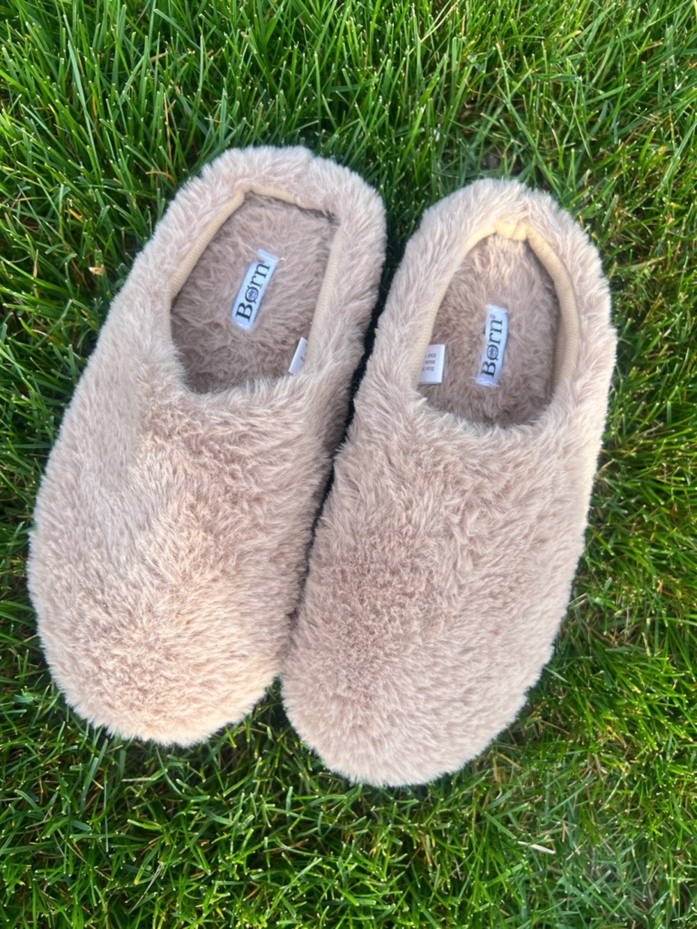 Born Plush Faux-Fur Slip-On Slippers in Light Beige
